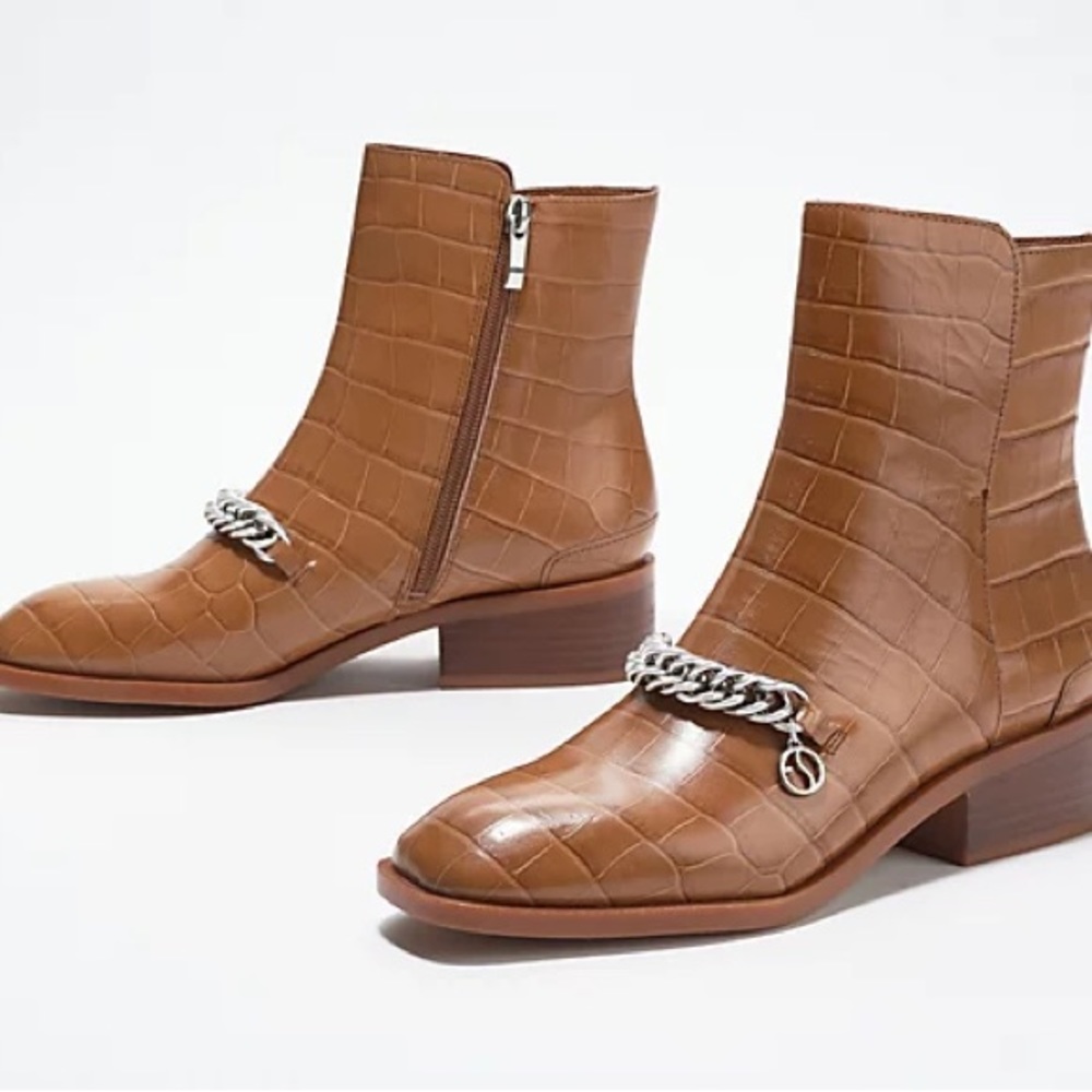 FRANCO SARTO Womens Brown Crocodile Chain Caleb Block Heel Leather Booties 7.5 M